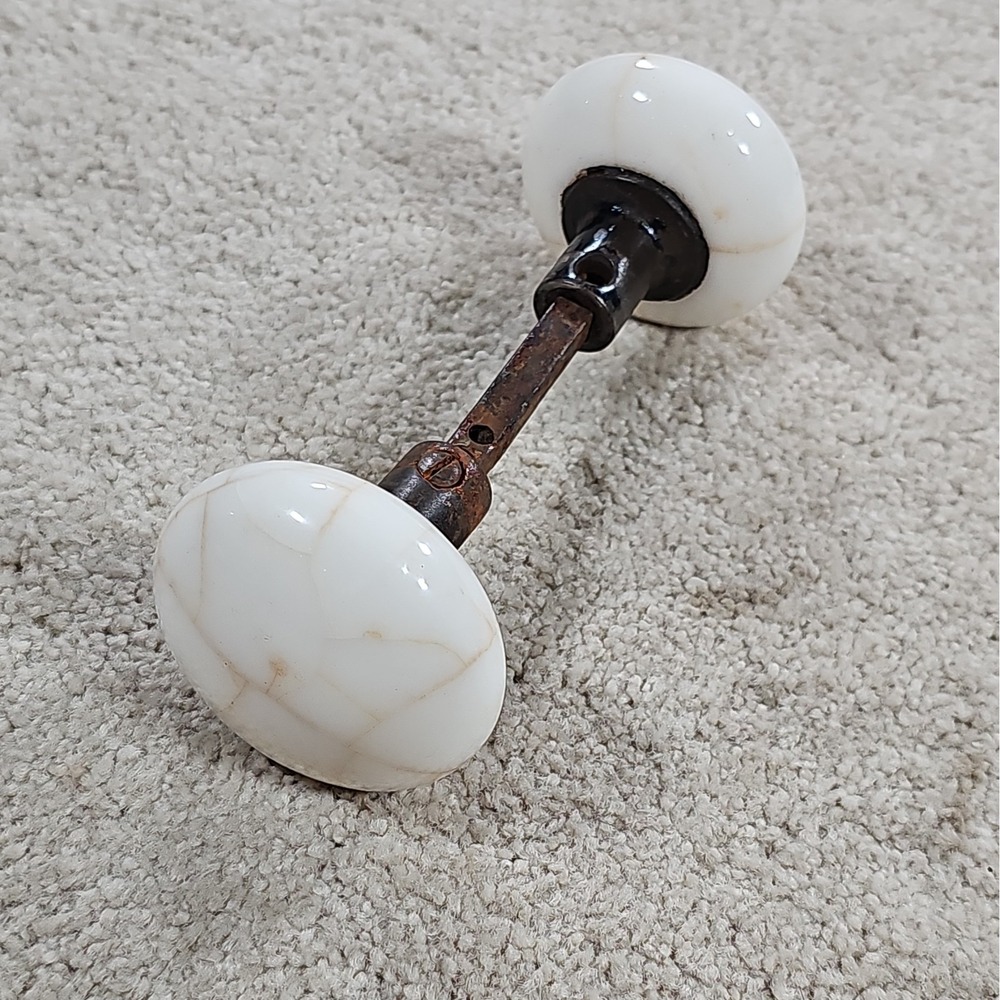 Antique White Porcelain Door Knob Set Missing a Set Screw
